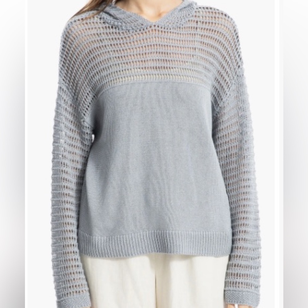 Max Studio Women's Light Gray Mesh Pointelle Hooded Sweater - Picture 2 of 6